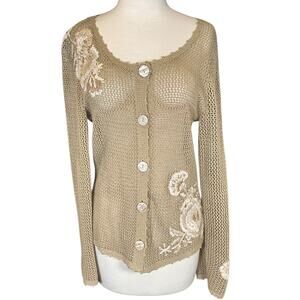 Vintage Cottagecore Romantic Luxury J.Jill Linen Crochet Floral Embroidered Med